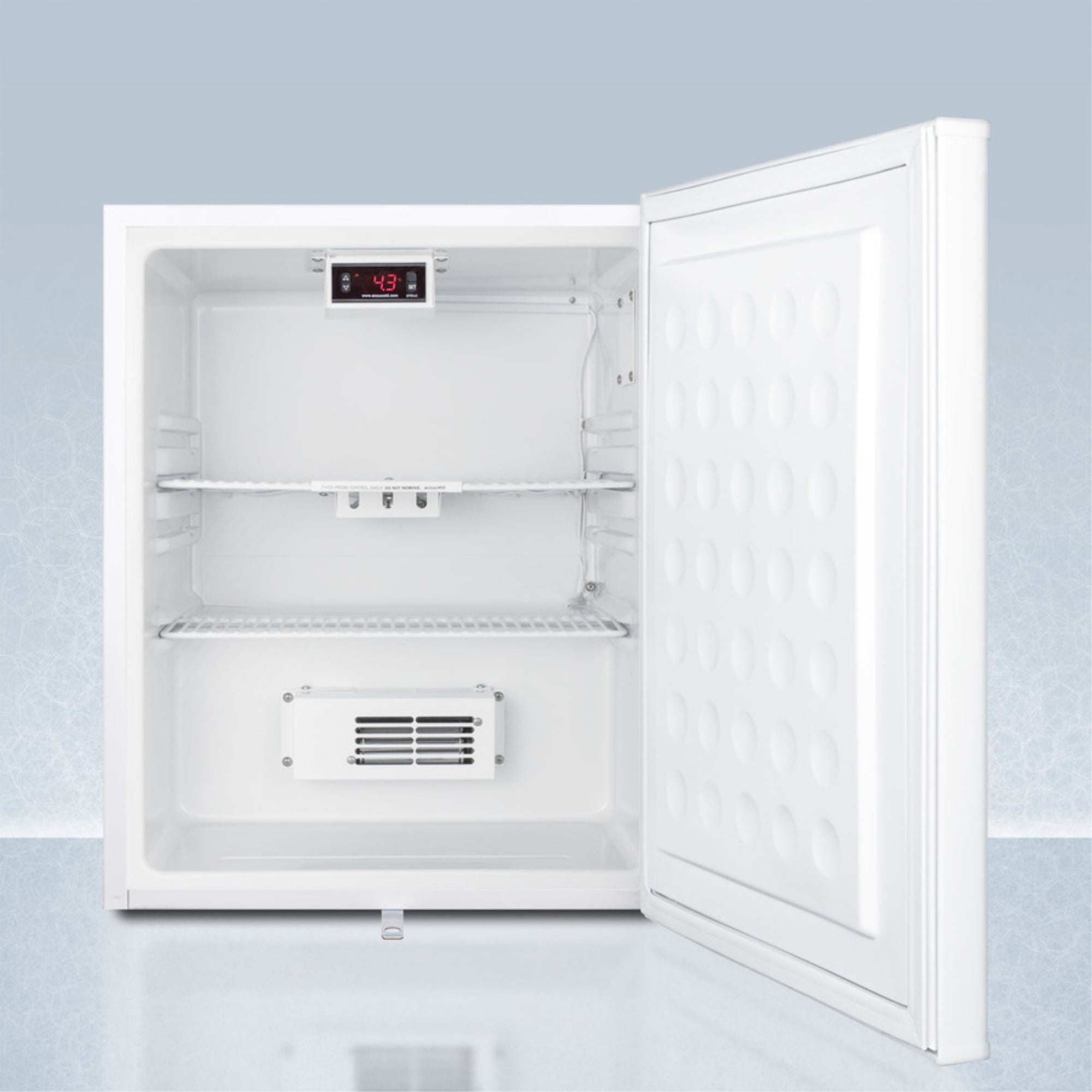 Compact all-refrigerator with automatic defrost, digital thermostat, internal fan, NIST calibrated thermometer, and lock