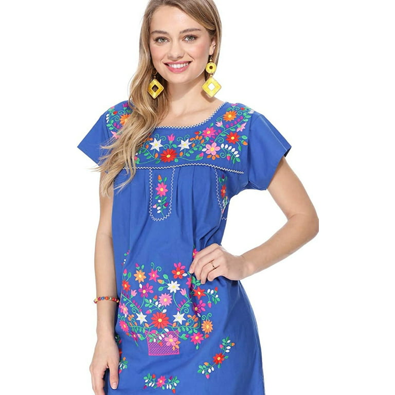 Women's Cinco De Mayo Relaxed Floral Mexican Puebla Style Cotton  Embroidered Dress