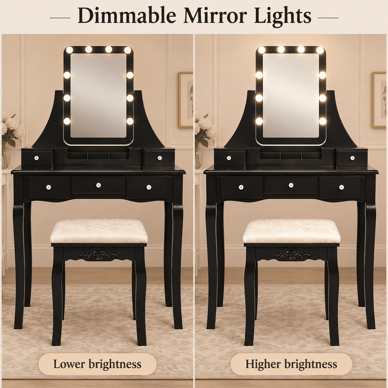 Furnibear Vanity Dressing Table with 10 Dimmable Light Bulbs and Cushioned Stool, Makeup Vanity Desk with 5 Drawers and Rotating Mirror, Black