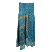 Mogul Womens Maxi Skirt Vintage Silk Sari Two Layered Blue Printed Beach Dress