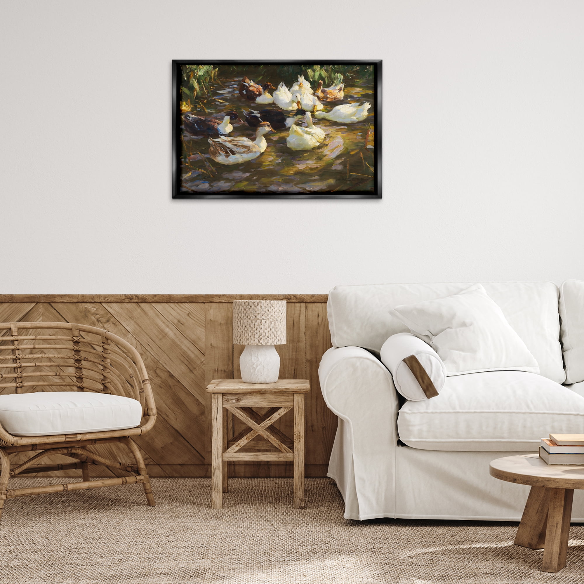 Stupell Industries Ducks in Flowing River Landscape Painting Black Floater Framed Canvas Art Print Wall Art, 31 x 21