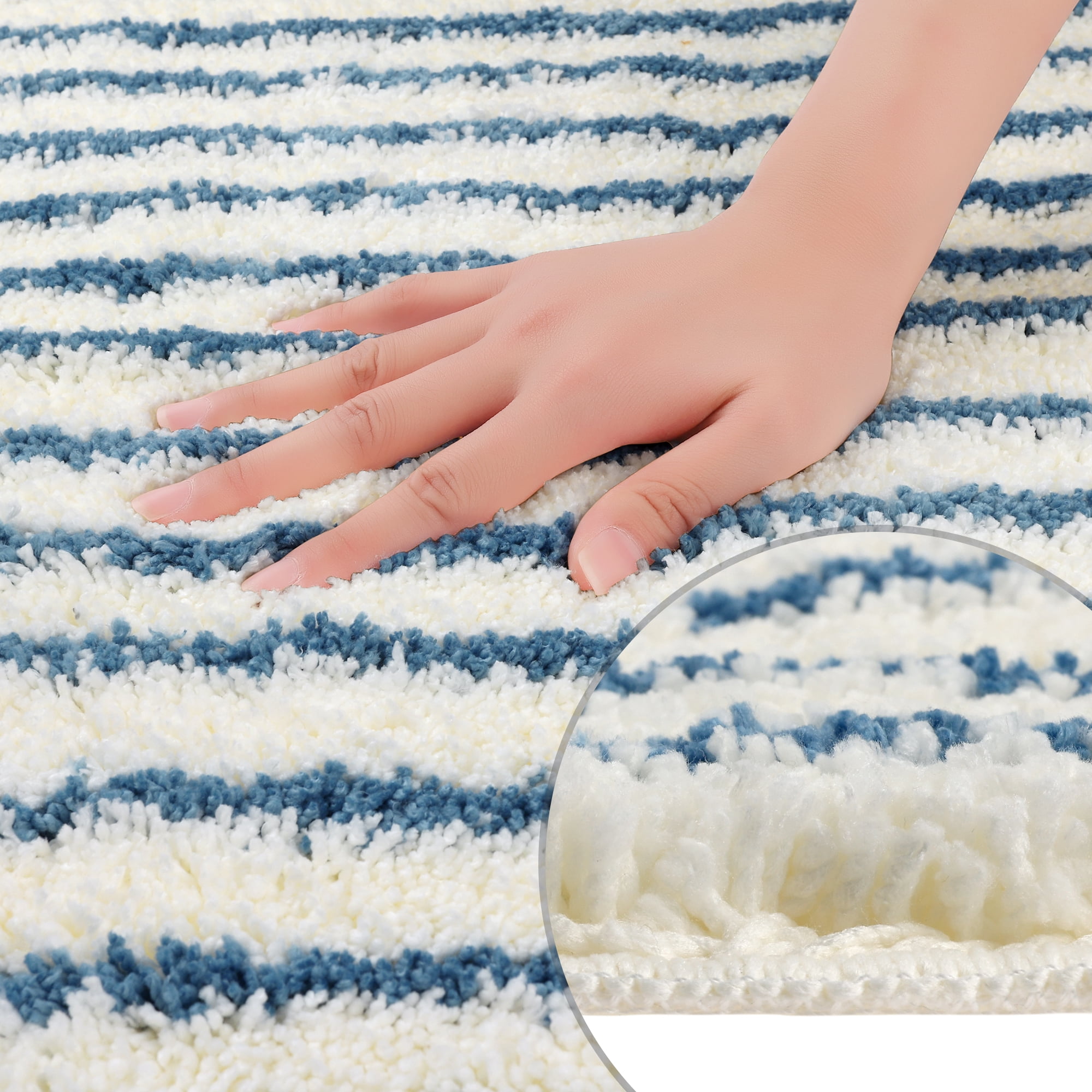 Unique Bargains 2 Pcs Striped Non-Slip Soft Bath Mats Absorbent Washable Bathmat Dark Blue 16" x 24"