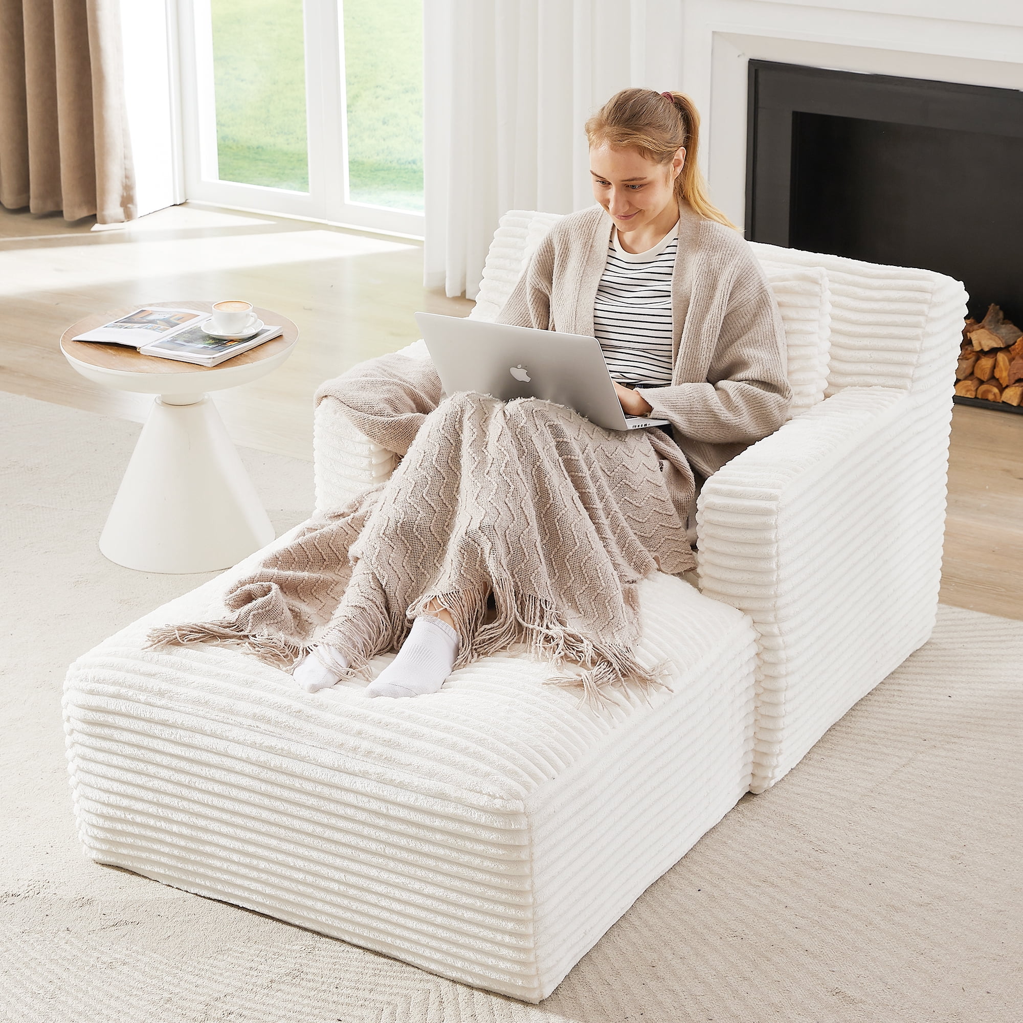 MAYEERTY Corduroy Single Chaise Lounge Sofa, Modern Comfy Sleeper Couch for Apartment, 65×39" White