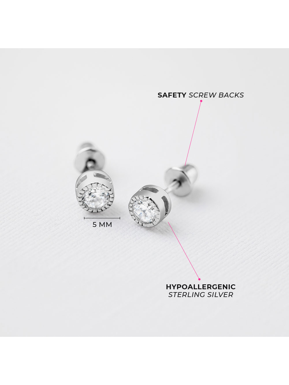 925 Sterling Silver 5mm Clear Bezel Cubic Zirconia Screw Back Toddler Earrings