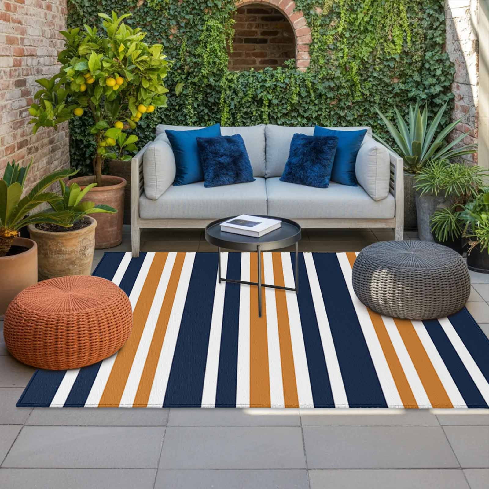 Orange Navy Blue Striped Outdoor Rug for Patio/Deck/Porch, Non-Slip Large Area Rug 5 x 7 Ft, Modern Minimalist Ombre Lines Indoor Outdoor Rugs Washable Area Rugs, Reversible Camping Rug Carpet Runner