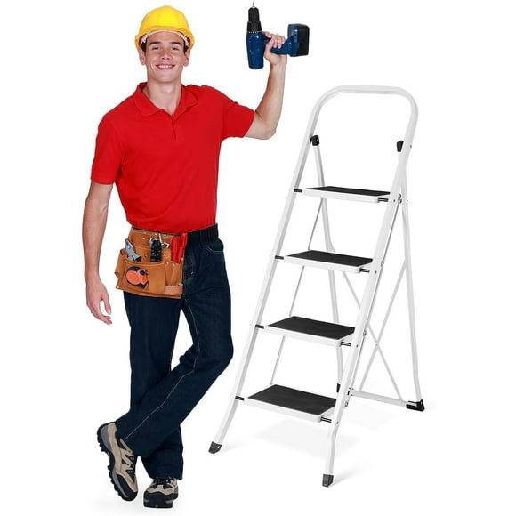 4 Step Ladder Folding Step Stool, Heavy-Duty Sturdy Safety Tall Step Ladder Outdoor with Handrail Wide Pedal,White Lightweight Collapsible 4-Feet Step Stool Ladder for Adults Home Kitchen Indoor