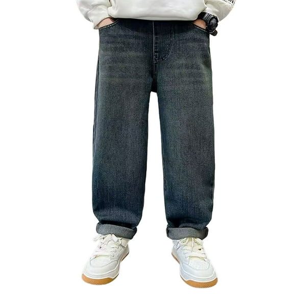 KAUOD Boys Baggy Jeans Straight Wide Leg Cargo Denim Pants Kids Elastic Waist Retro Streetwear Jeans Trousers with Pockets