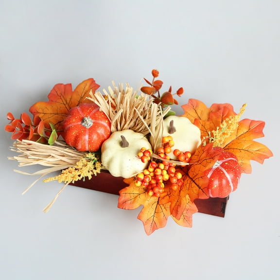 Artificial Fall Pumpkin Arrangement – Maple Leaves, Pinecones & Berry Centerpiece in 11" Rustic Wood Box, Thanksgiving Table, Mantel, Wedding, Autumn Party , Flower Basket Ornament*1 Wooden Base*1