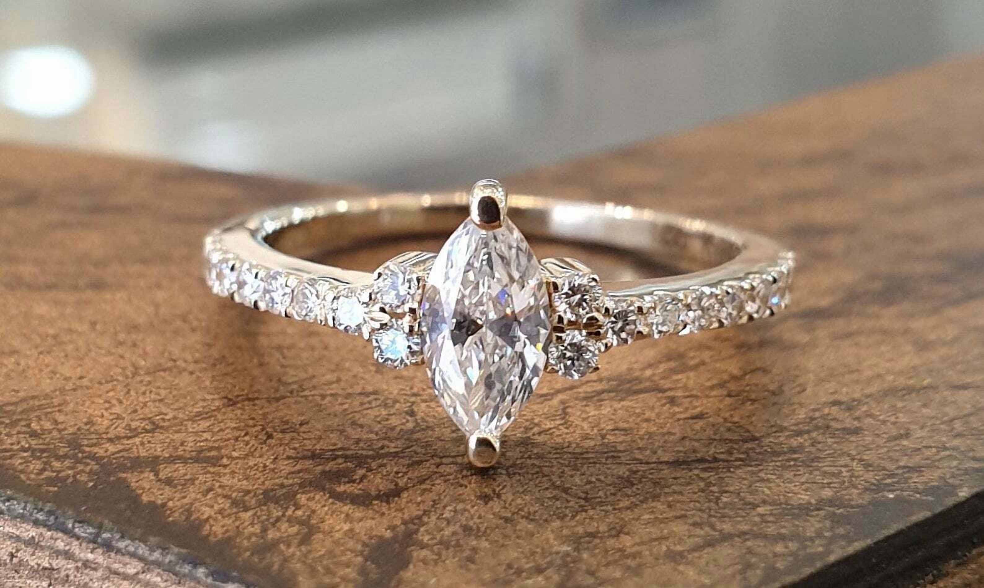 HeartsAndYou 1ct Marquise Moissanite Engagement Ring for Women Petite Round Accents 18k Yellow Gold Over Silver