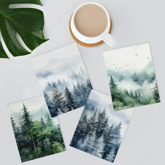 PixonSign Adhesive Wall Art Green & Teal Watercolor Forest Posters, Set of 4 Pastel Pine Trees Nature Wilderness Illustrations Wall Decor, Minimal Canvas Prints for Home Decor - 8"x10"