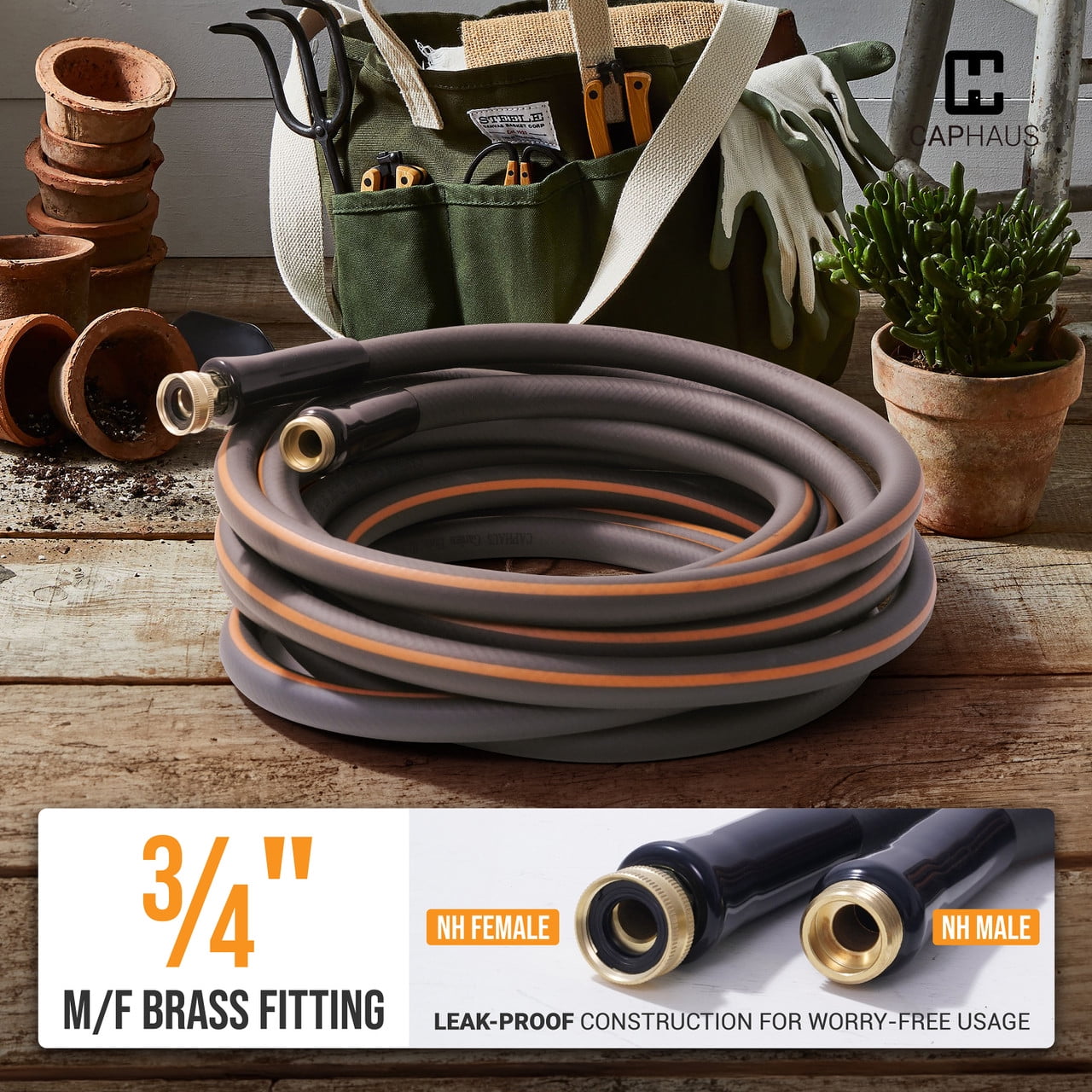 CAPHAUS 75ft Garden Hose 5/8 Inch Water Hose with 3/4 Inch NH Solid Brass Fittings, Leak-Proof Construction, Outdoor Durable PVC Flexible Lightweight Hose Working Pressure 350 PSI for All-Weather