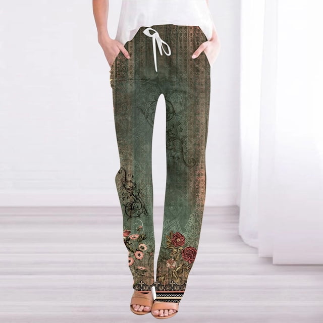 WILLBEST Pantalones Casuales elegantes para Mujer: Pantalones Ligeros de Lino con Cintura Alta y Estampado Bohemio con Bolsillos para Playa y Uso Diario. XXXL