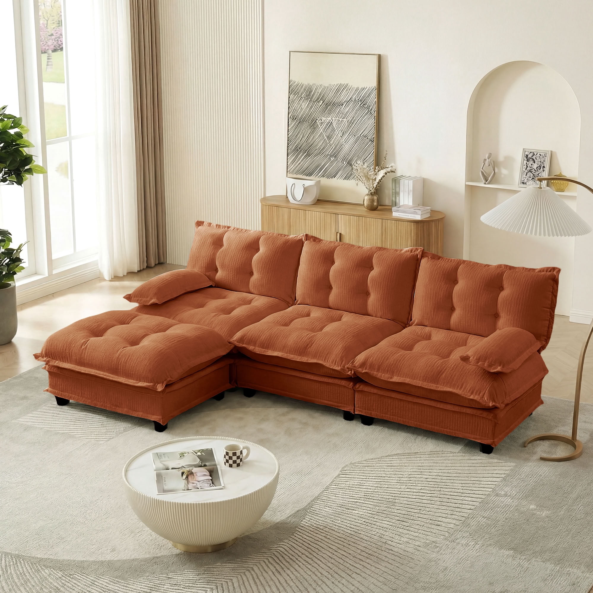 MAYEERTY 107 Inch Cloud Modular Sectional Sofa, L-Shaped 3-Seater Chenille Couch, Solid Wood & Metal Frame for Home Living Room