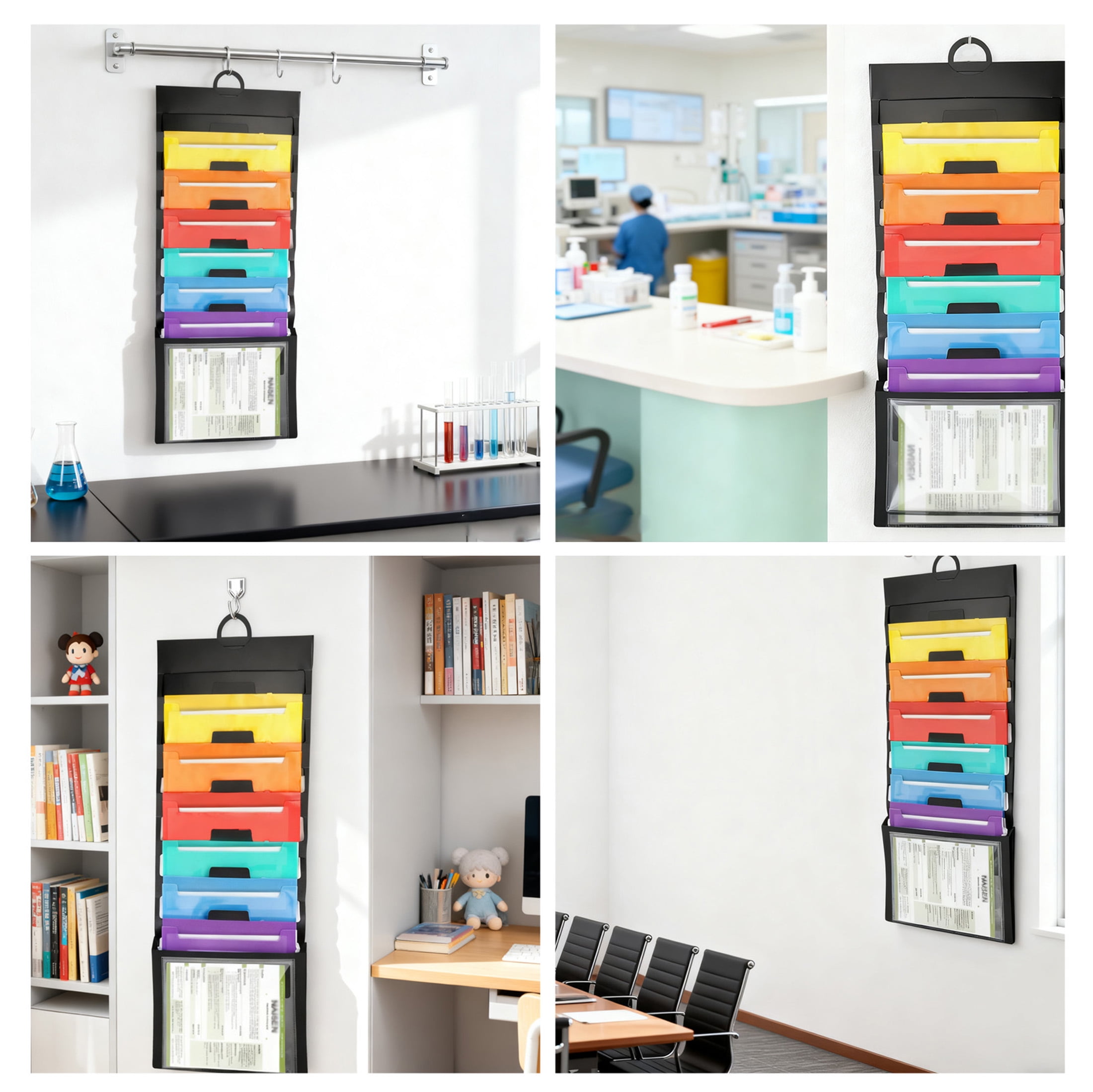 Wall File Organizer, EEEkit 7 Pocket Hanging File Folders, File Holder Organizer for Papers and Folders, Office and Home Use, Black with Assorted Fashion Color Folders