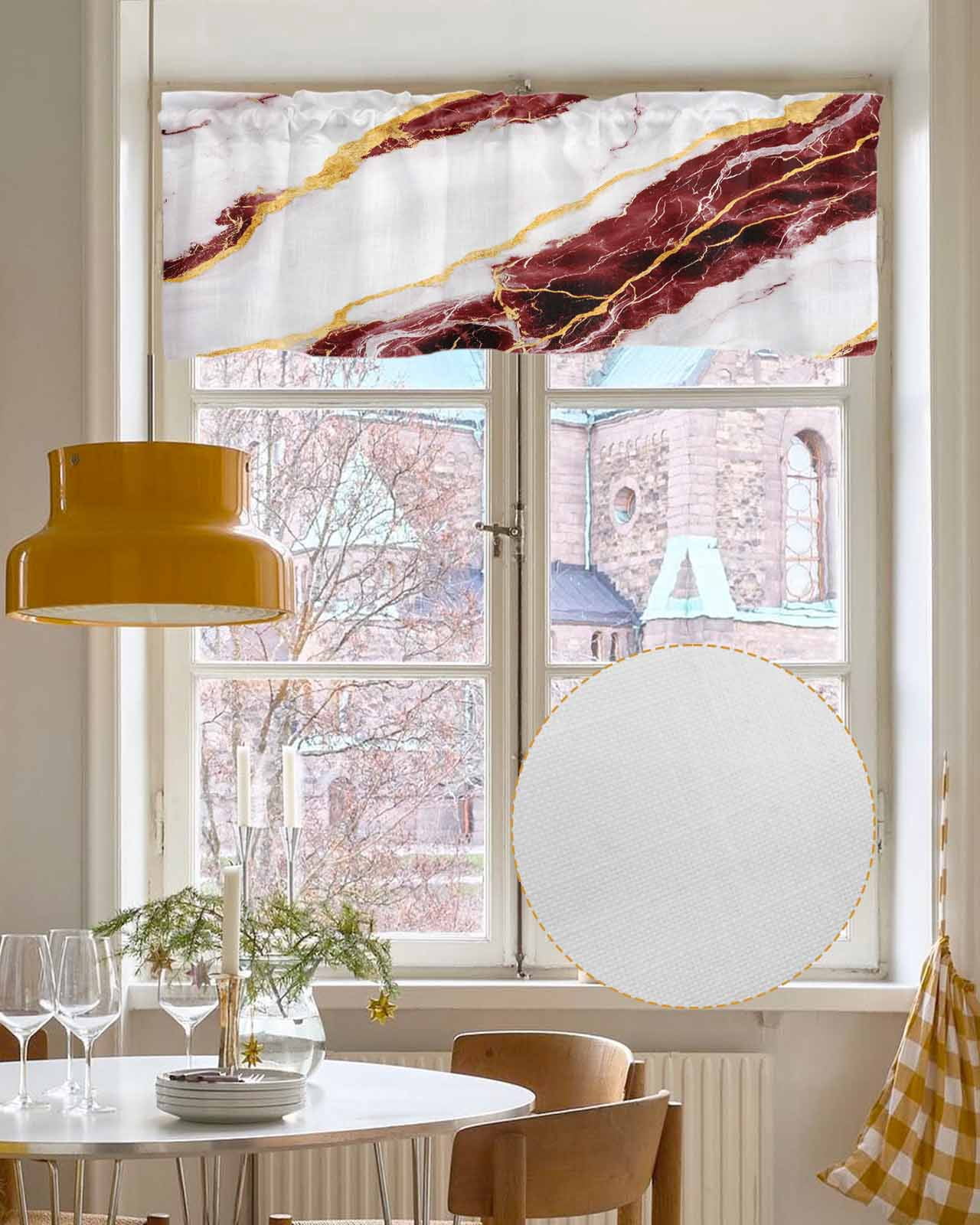 Marble Red Kitchen Valances for Windows Farmhouse Linen Window Valance Curtain for Living Room Window Treatment Gold Foil Ceramic Style Cracks Scratches Valance Rod Pocket Topper Drape, 54 x 18 Inch