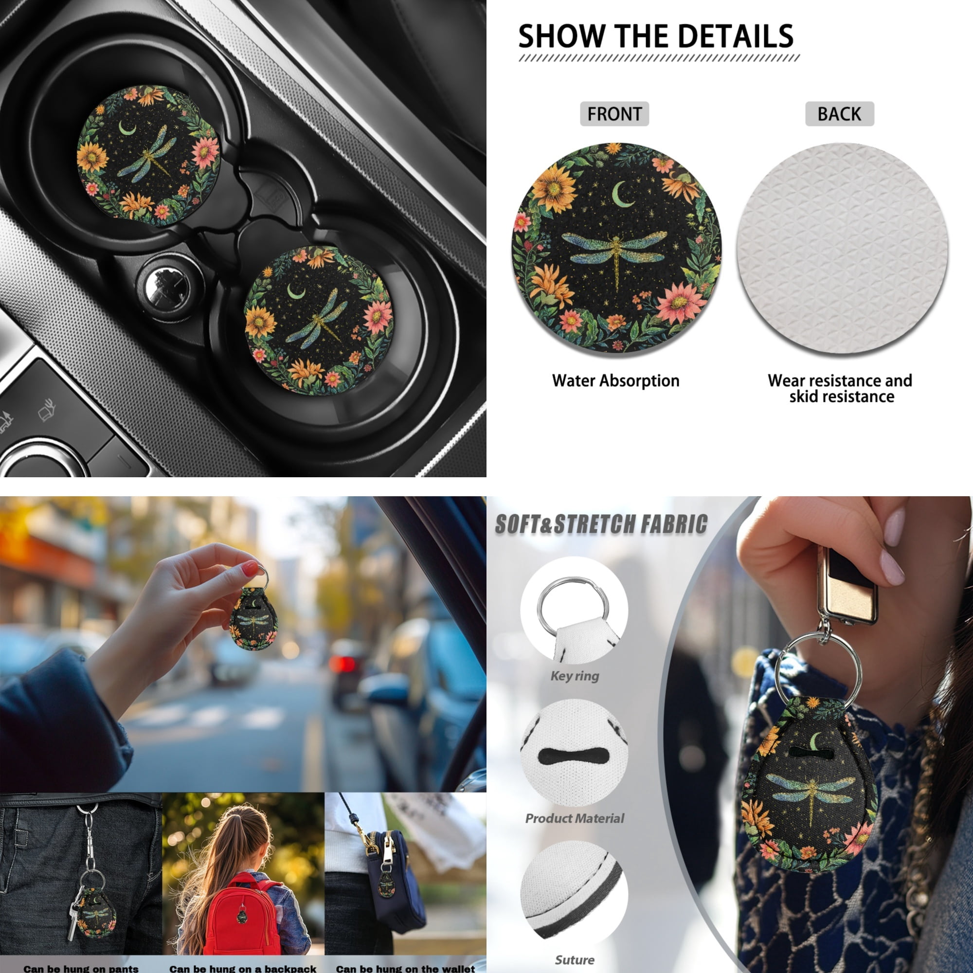 Jeiento Dragonfly 13 Pcs Car Seat Cover Full Set Automotive Interior Accessories with Flower Steering Wheel Cover, Seat Belt Pad, Armrest Covers, Coasters Universal Fits Most Vehicles