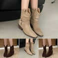 thumbnail image 2 of Slouchy Riding Boots for Women Suede Split Toe Trendy Strappy Chunky Heel Pull on Short Winter Booties Casual Western Mid Calf Boots, 2 of 6