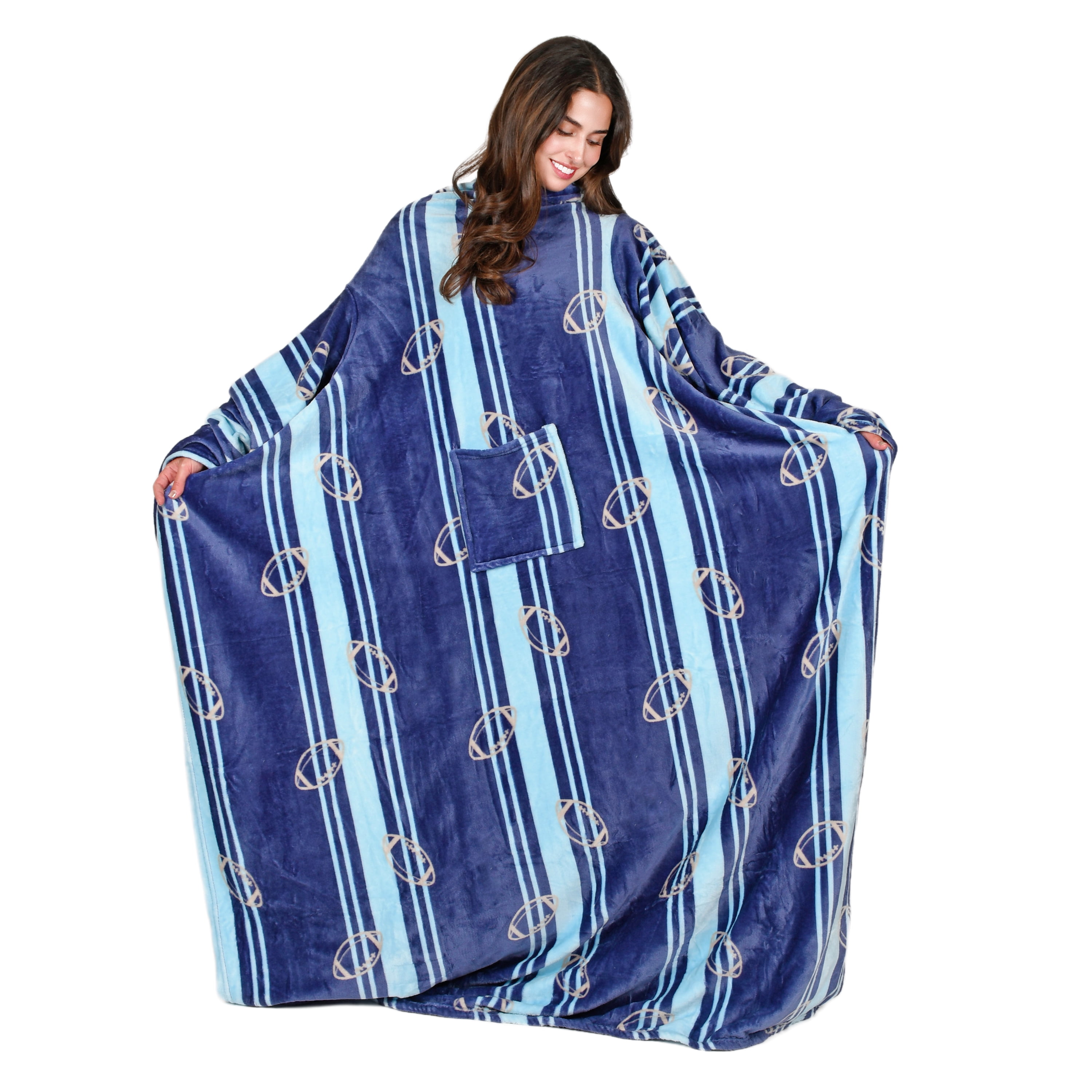 Tirrinia Wearable Fleece Blanket for Women & Men, Super-Soft Microplush TV Blanket Adult Wrap Full Body Robe for Lounge Couch, Blue Football Fiel, 73" x 51"