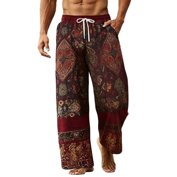 TEAJOPSUU Men's Casual Print Pants Plus Size Elastic Waist Drawstring Ethnic Straight Wide Leg Pants 2XL J-Red