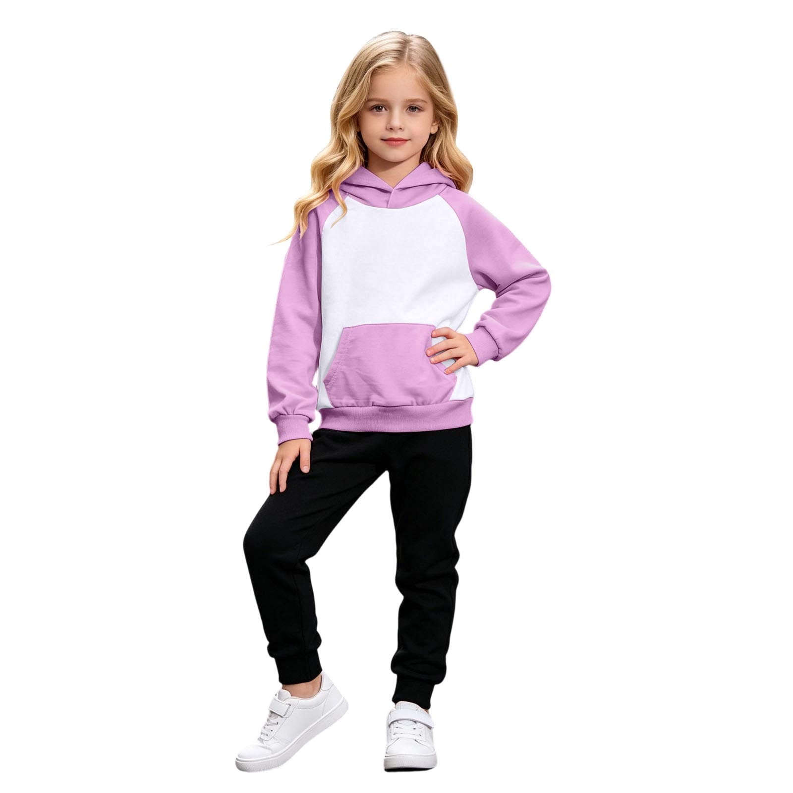 Likimi Children Girls 2 Piece Set Color Block Hooded Pocket Long Sleeve Sweatshirt With Pants Autumn Winter Soft Casual Clothes Set Purple Size 3-4 Years