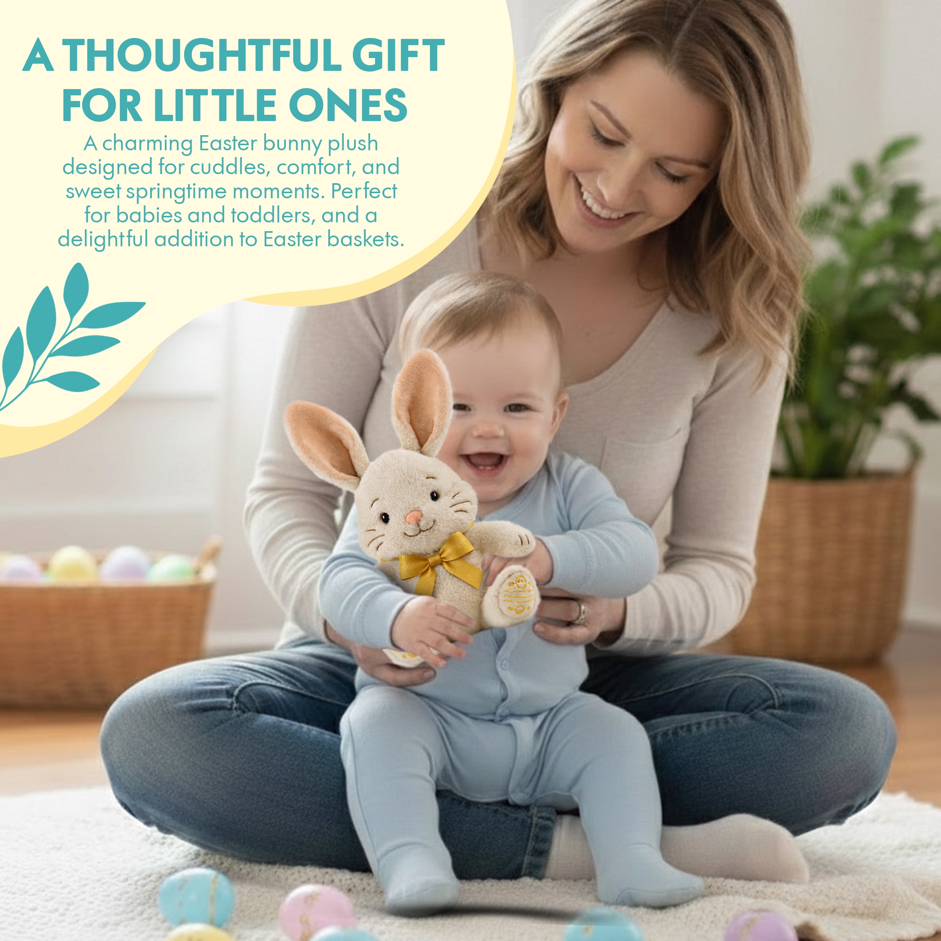 Easter Plush Bunny & Silicone Teether Toys Set, Soft Easter Stuffed Bunny Plush Toy with Bow, 5-Pack Easter Teether Toys, Easter Gift Set for Babies