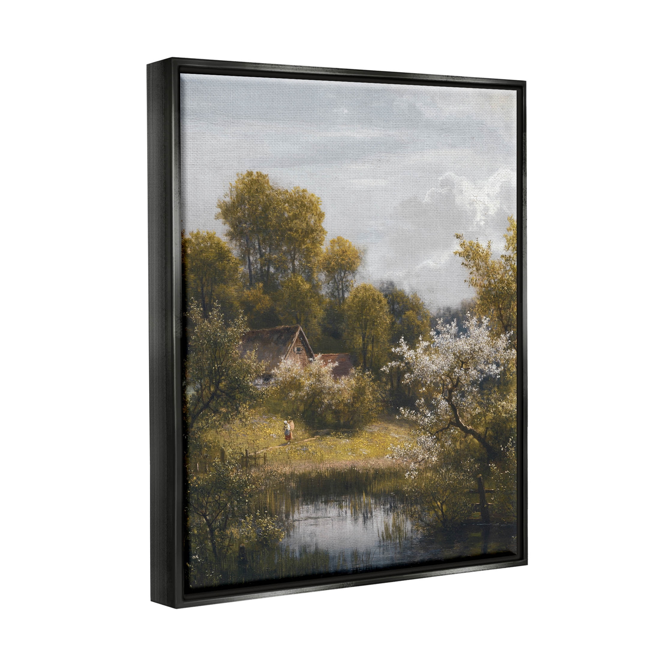 Classic Cottage Backyard Pond Landscape Painting Jet Black Framed Art Print Wall Art