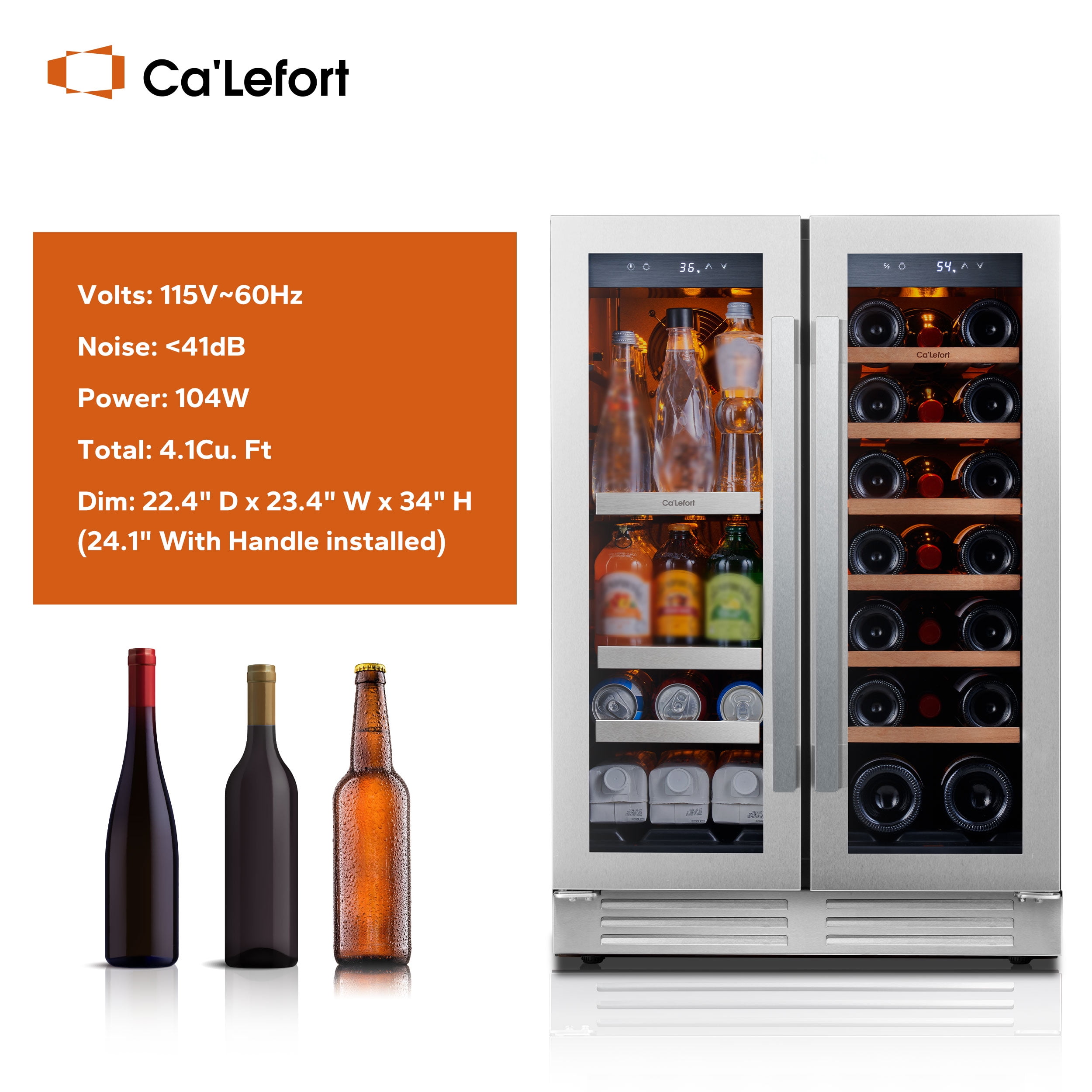 Ca'Lefort 24 inch Wine and Beverage Refrigerator, Hold 60 Cans and 21 Bottles Dual Zone Wine Fridge with Glass French Door, Built-in or Freestanding