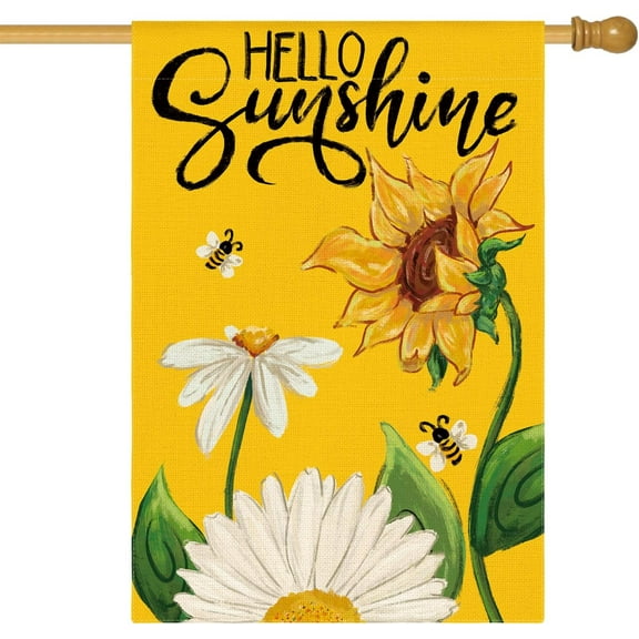 Daisy Sunflower Hello Sunshine House Flag 28x40 Inch Double Sided, Summer Seasonal Holiday Burlap Yard Outdoor Decoration Yellow