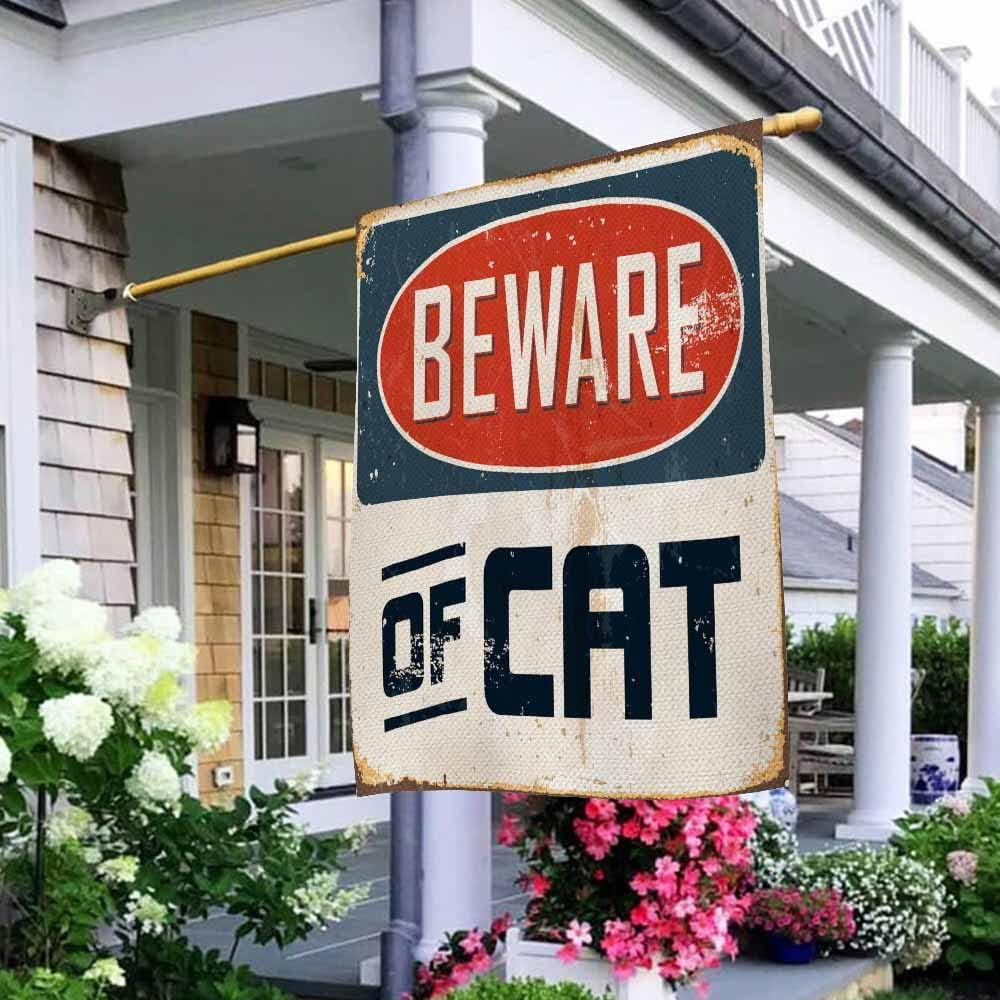 Beware of Cat House Flag Vertical Double Sided Burlap Vintage Metal Sign Grunge Effects Farmhouse Yard Outdoor Seasonal Flags Decoration 28 x 40 Inches