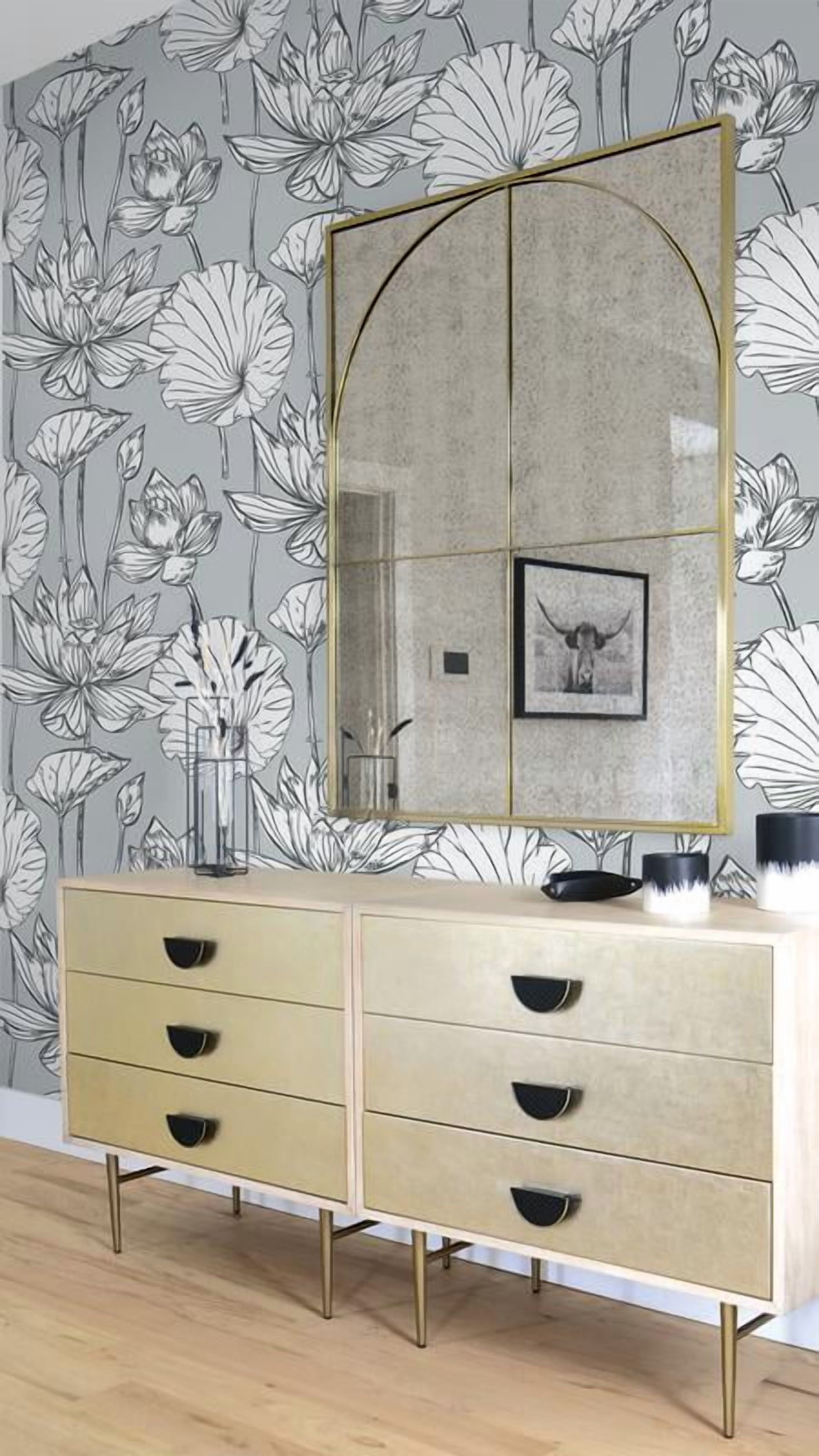 NextWall Gray & Ebony Lotus Floral Peel and Stick Wallpaper