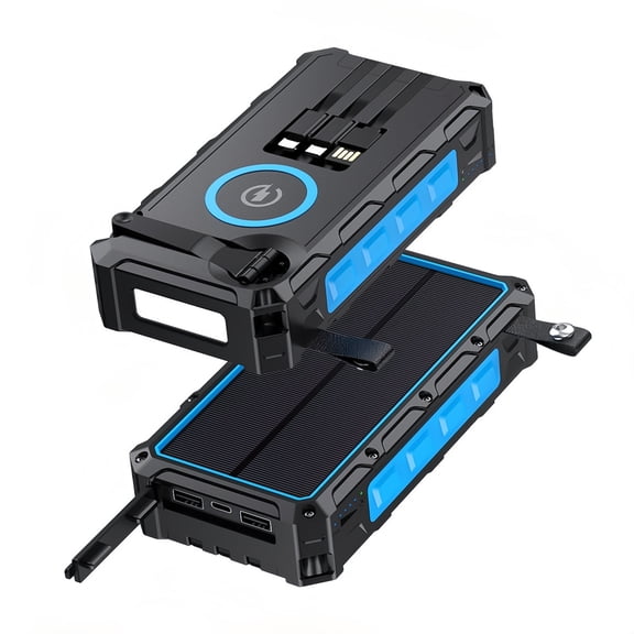 OKG 30000mAh Portable Solar Power Bank 15W Hand Crank Wireless Charger 7 Outputs LED SOS Flashlight Outdoor, Blue