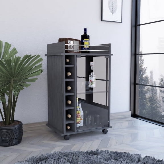 Dtwnek Bar Cart with 2 Shelves and 6 Wine Rack and 4 Wheels, Dark Gray