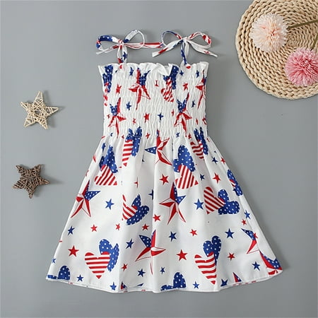 

Apepal Independence Day Cute Dress For Girls Adjustable Tie Shoulder Dress Smocked Strapless Girl Dress