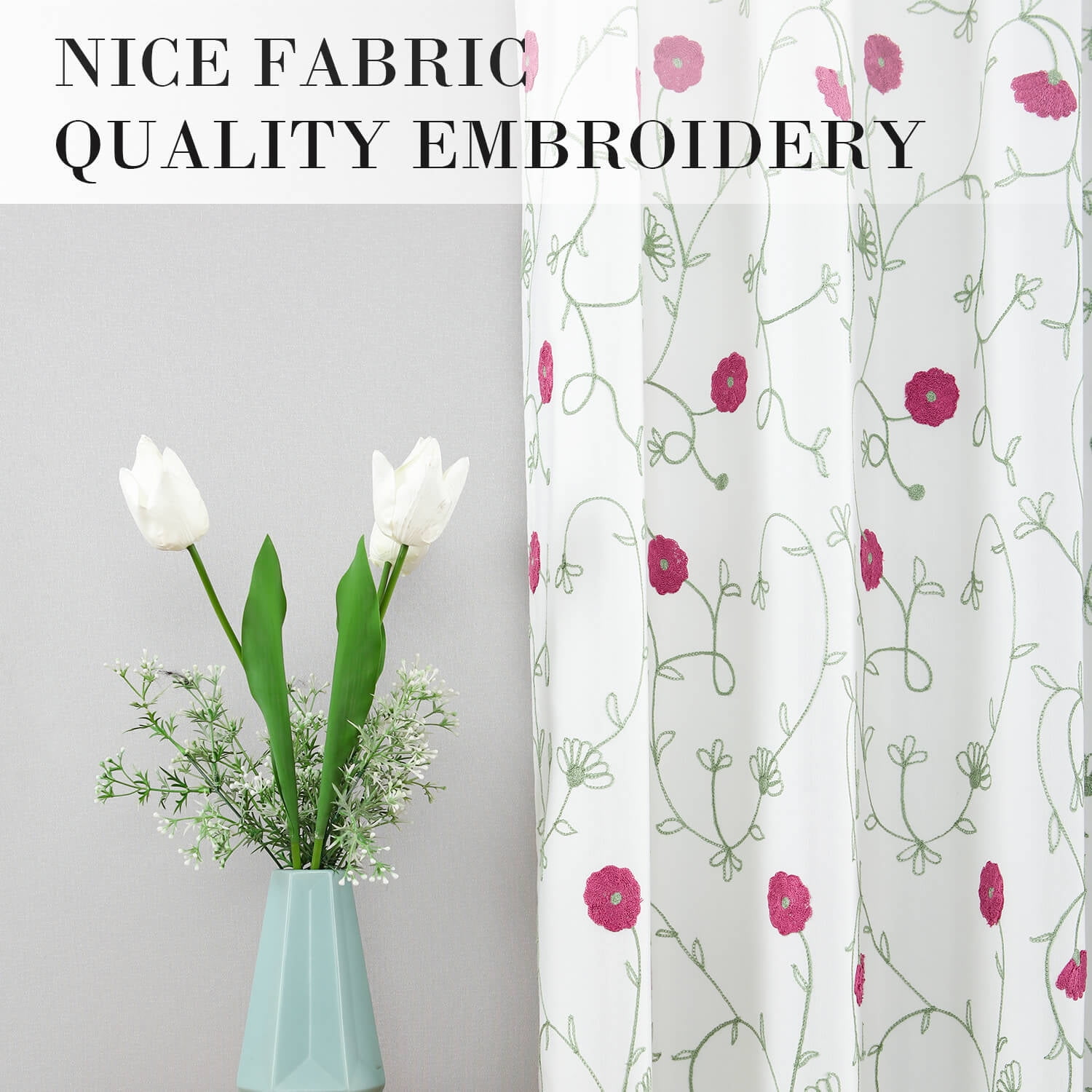 VOGOL Red Floral Pattern Embroidered Curtains, Light Filtering Elegant Faux Linen Drapes for Bedroom, Grommet, W52"xL84", 2 Panels