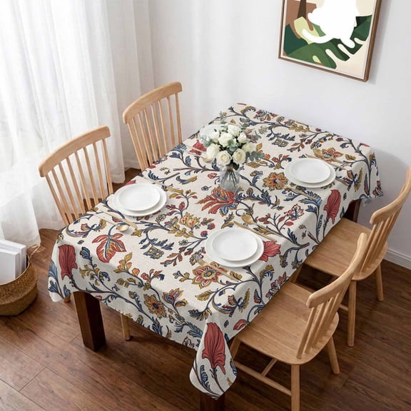 Orange Red Leaf Table Cloth Waterproof Tablecloths, Vintage Farmhouse Boho Pastoral Tribal Tablecloth Dining Table Cover for Kitchen Party Tabletop Outdoor, Rectangle Tablecloth 52x70 Inch
