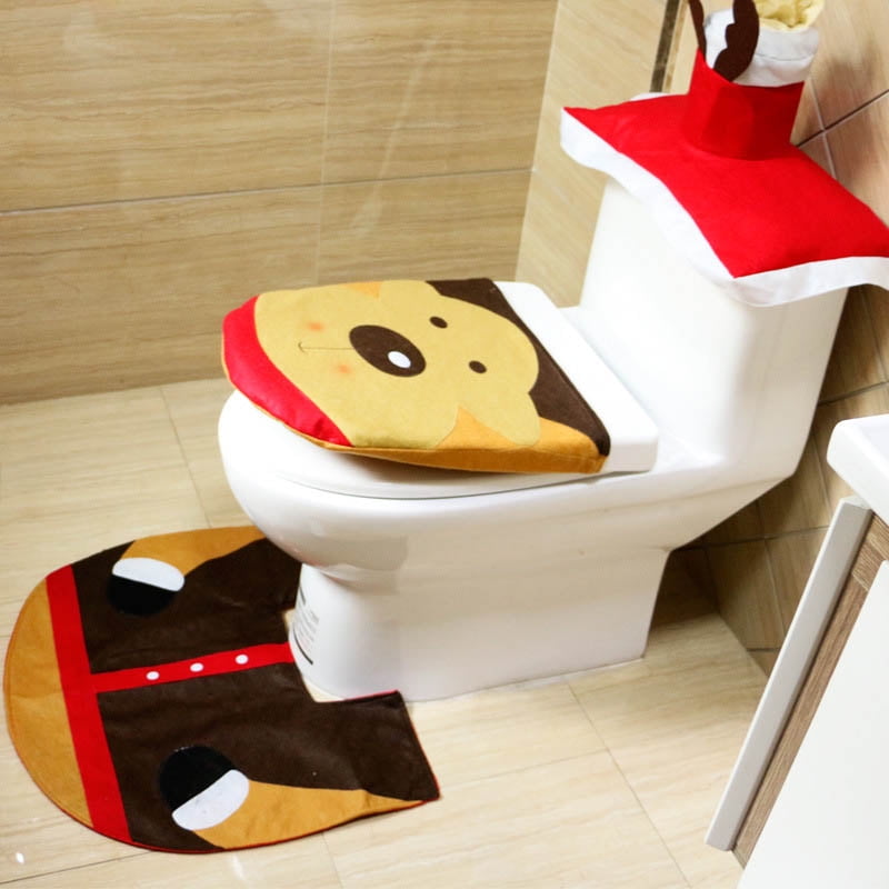 3 PCS Set Christmas Xmas Decoration Santa Toilet Seat & Cover & Rug Bathroom Mat 