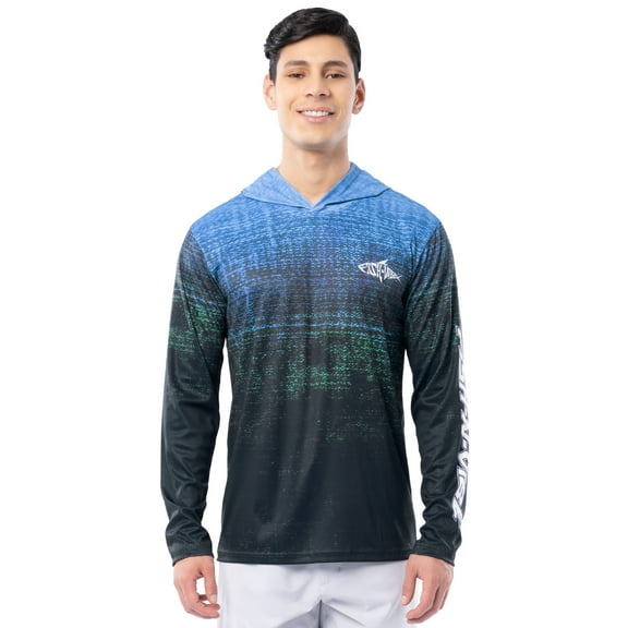Fish N Vibe Men's Long Sleeve Performance UPF 30 Fishing Graphic Hoodie, Murky Walleye-Blue, L