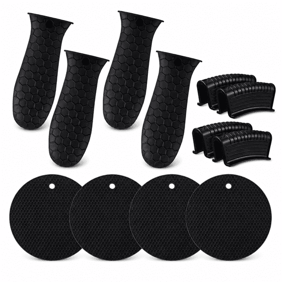 12Pcs Silicone Pot Holders Set Cast Iron Handle Cover Heat Resistant Pot Handle Covers Potholder Heat Insulation Pad Non Slip Reusable Pan Sleeve for Frying Pan Kitchen Supplies(Black)