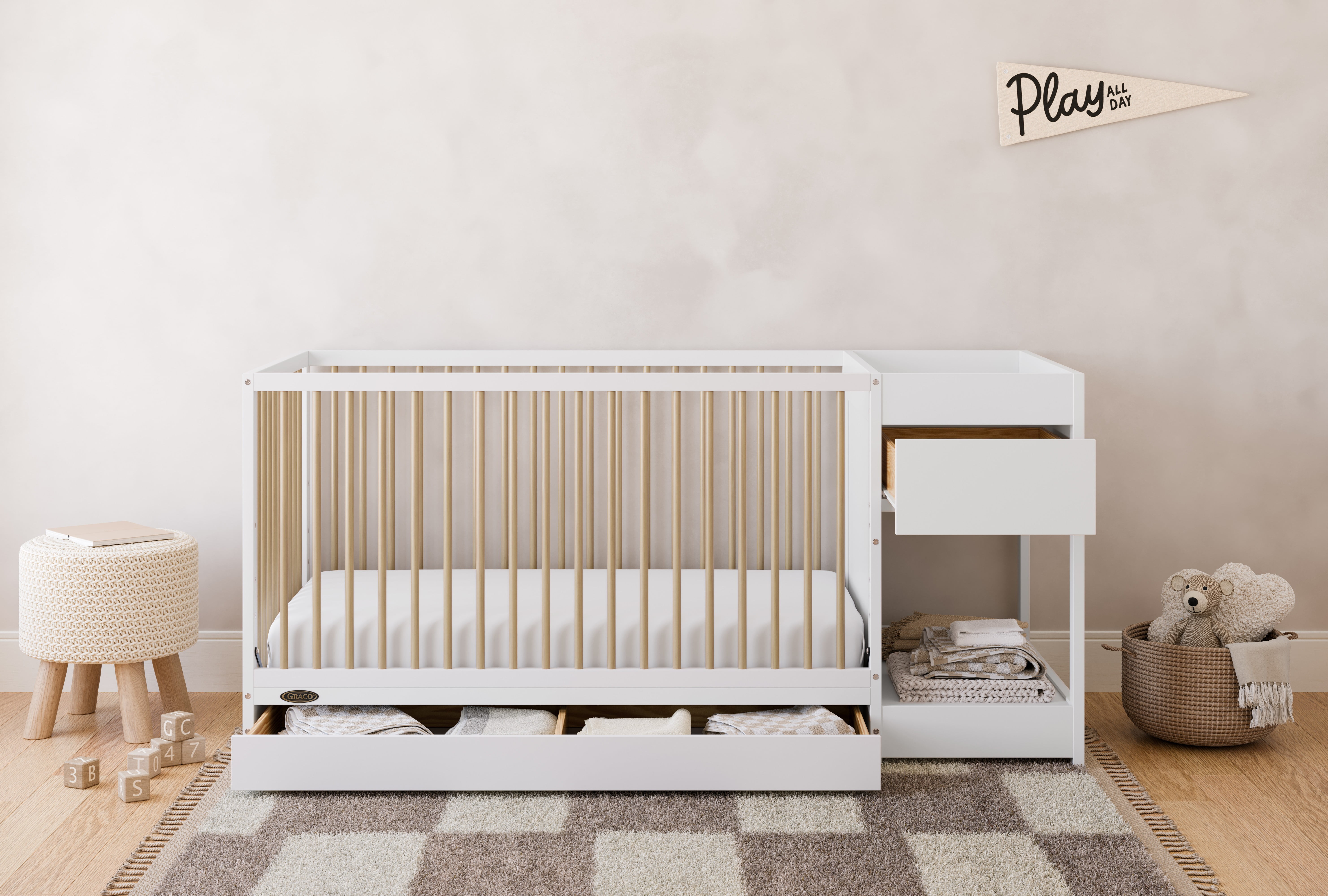 Graco Teddi 5-in-1 Convertible Baby Crib and Changer with Drawer, White with Driftwood