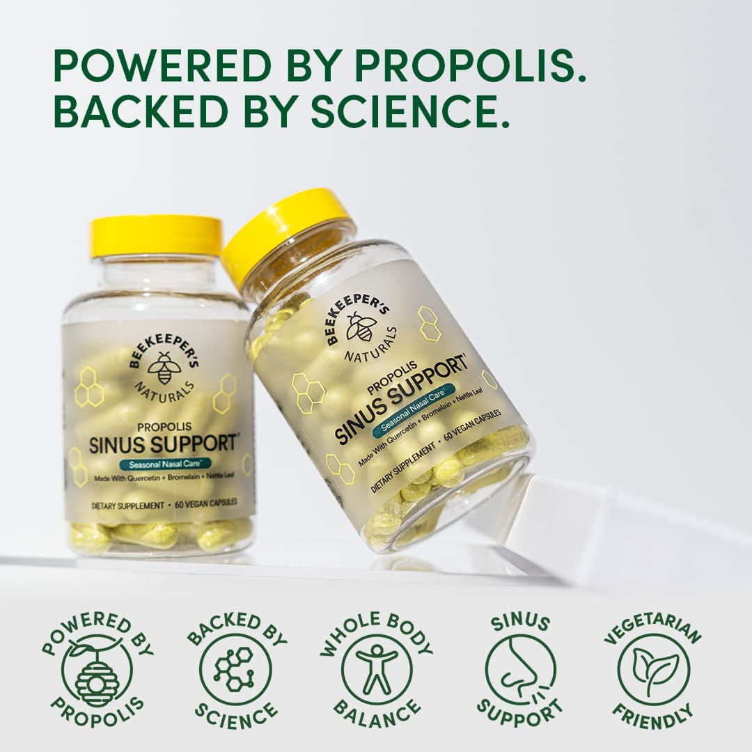 Beekeeper's Naturals All Natural Sinus Support for Adults, Seasonal Nasal Care Relief with Propolis, Quercetin, Bromelain, Nettle Leaf, & Vegan Capsule, Blocks or Suppresses Histamine, 60 ct
