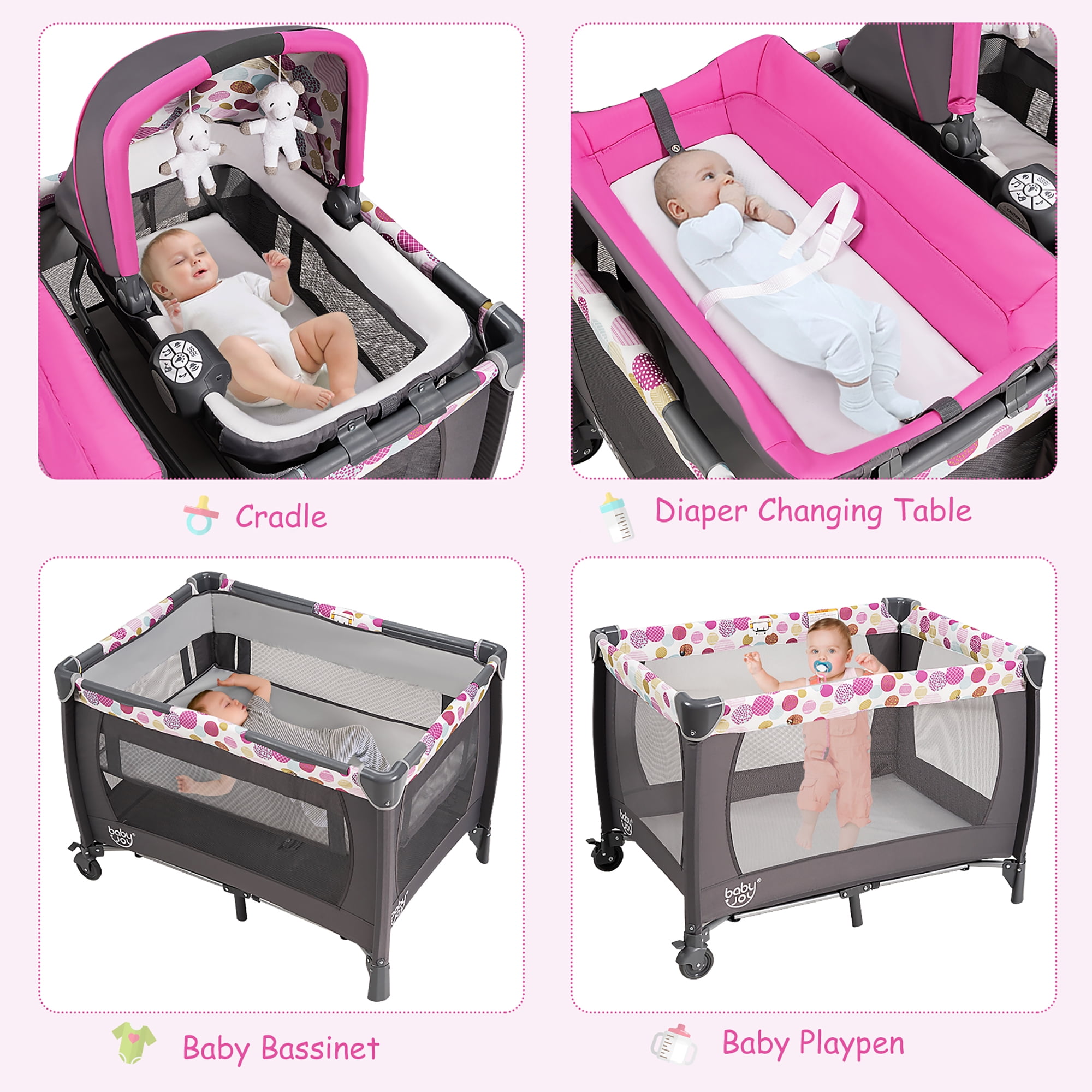 Cute Whirling Toys Pink Mesh Net 32 in Oxford Carry Bag BABY JOY Portable Playard Foldable Bassinet Bed with Music Box Wheels & Brake 4 in 1 Convertible Baby Playpen with Changing Table 