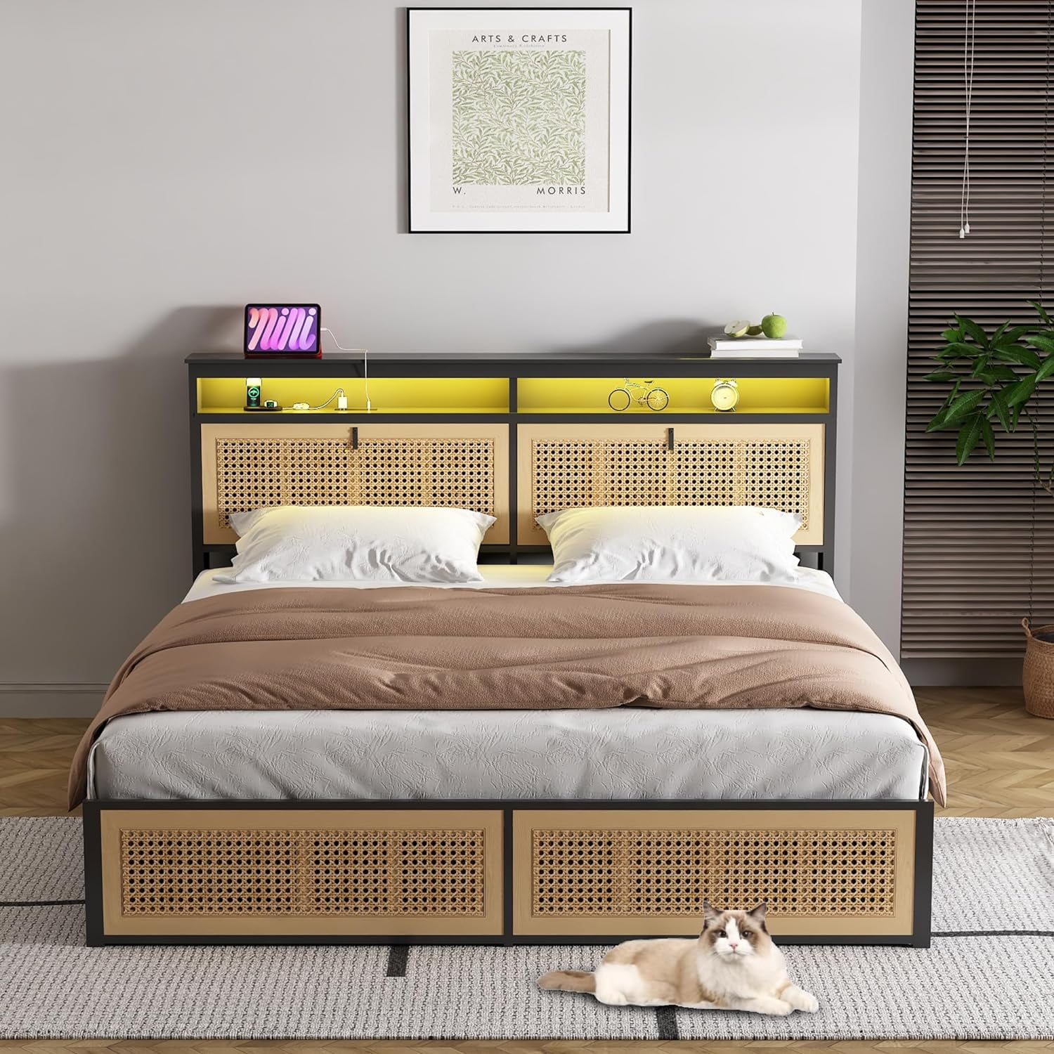 GVN Full Size with Headboard, Rattan Bed Frame with Led Lights, Farmhouse Bed Frame with Storage, Charging Station and Cat Cabinet, NO Box Spring Needed, Metal and Wood Combine GVN Full Size with Headboard, Rattan Bed Frame with Led Lights, Farmhouse Bed Frame with Storage, Charging Station and Cat Cabinet, NO Box Spring Needed, Metal and Wood Combine