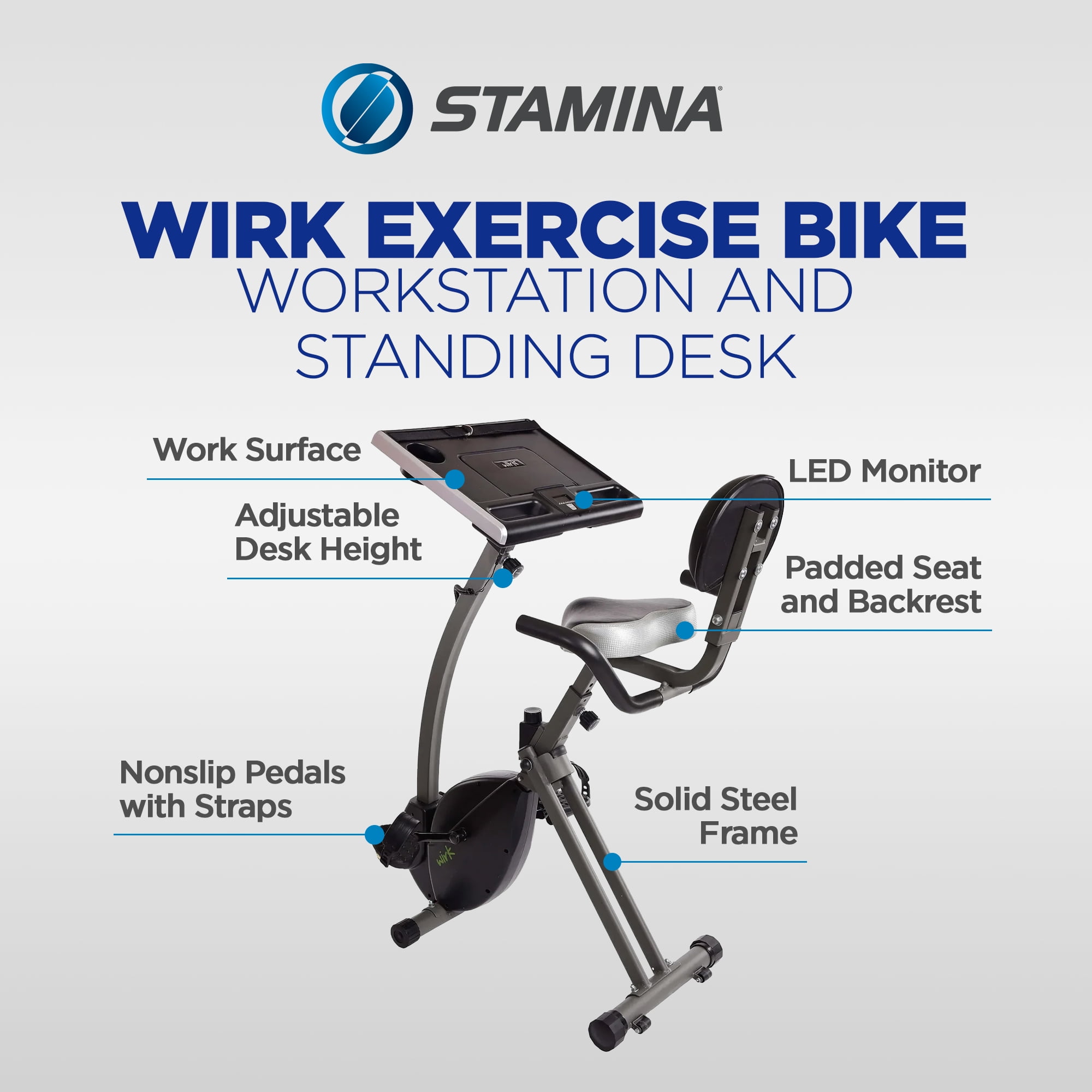 Stamina WIRK Upright Exercise Bike Workstation and Standing Desk, 300 lb. Weight Capacity