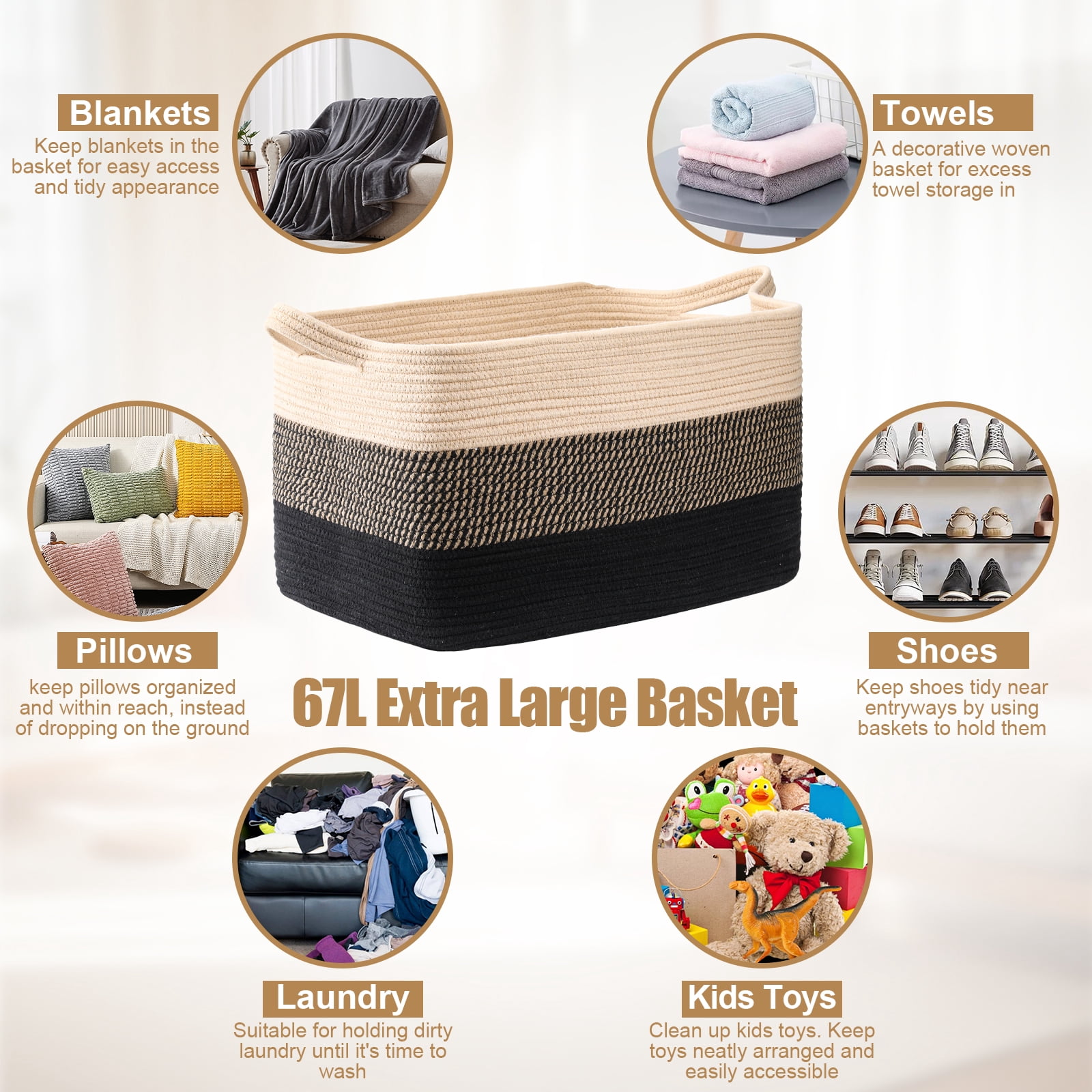 LIZEVINC Large Blanket Basket, 21.6" x 15.7" x 11.8" Rectangle Woven Laundry Basket, Cotton Rope Toy Basket With Handle, Storage Baskets for Organizing for Living Room, Bedroom, Baby Room