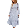 thumbnail image 1 of Vestido floral de cintura alta Vestido midi de fibra de poliéster con cuello redondo elástico de manga larga para citas Blanco M, 1 of 8