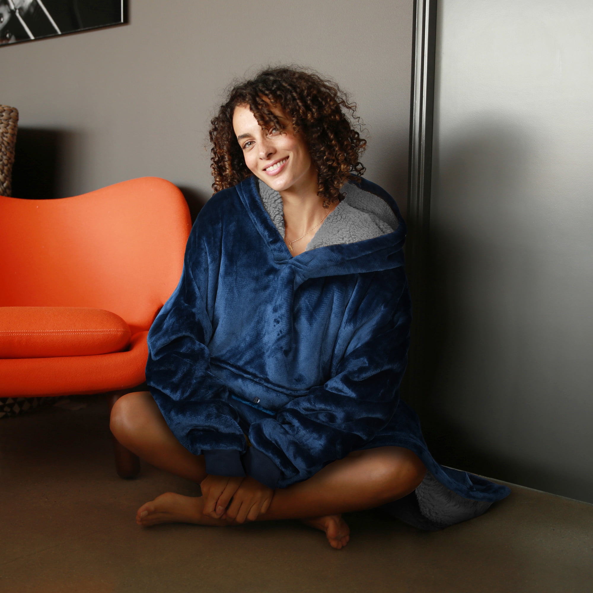 Catalonia Oversized Blanket Hoodie Sweatshirt, Comfortable Wearable Blanket Pullover Adults, Blue Silver