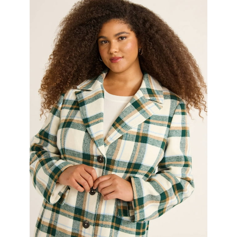 Free Assembly Women s and Women s Plus Plaid Wool Blend Long Coat Sizes XS 4X Walmart