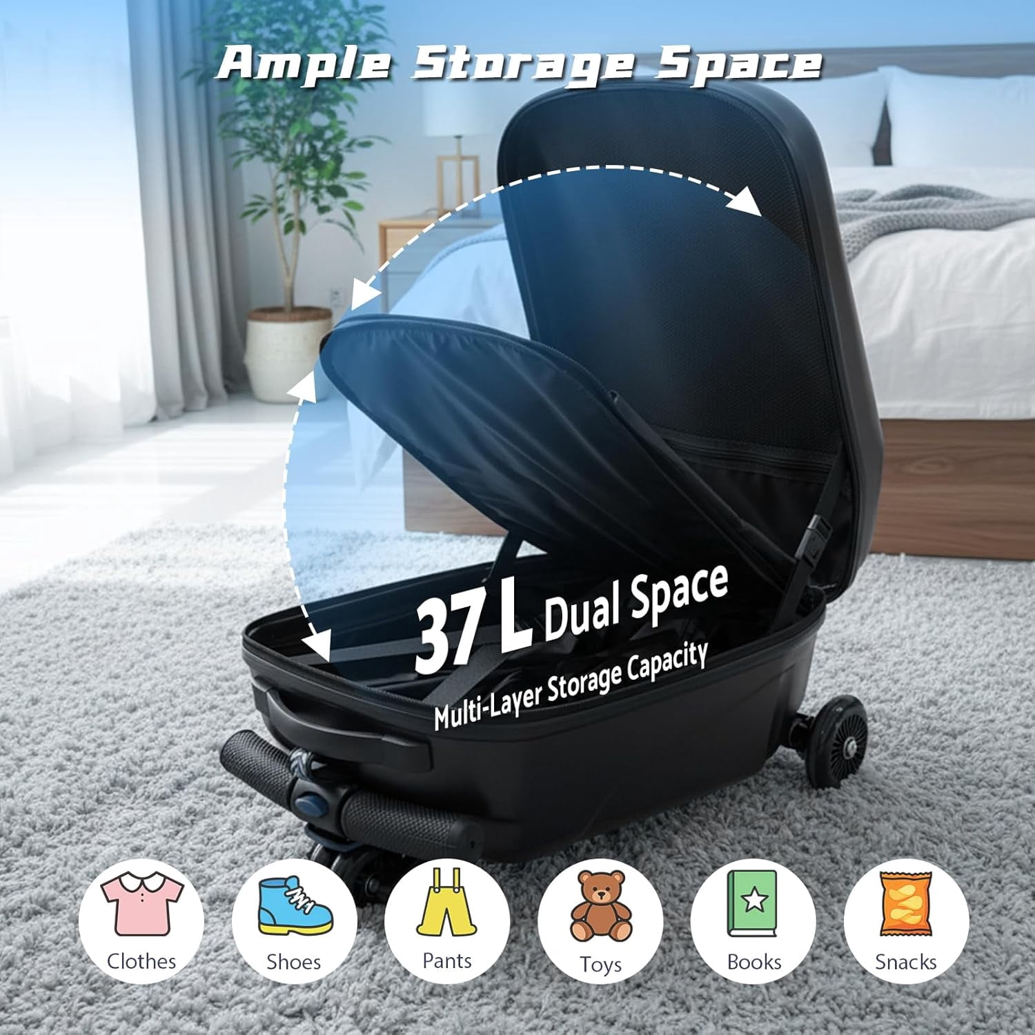 20" Hardshell Scooter Suitcase for Kid & Adult Foldable 2 in 1 Ride on Carry on Travel Trolley Scooter Luggage With Wheels Black