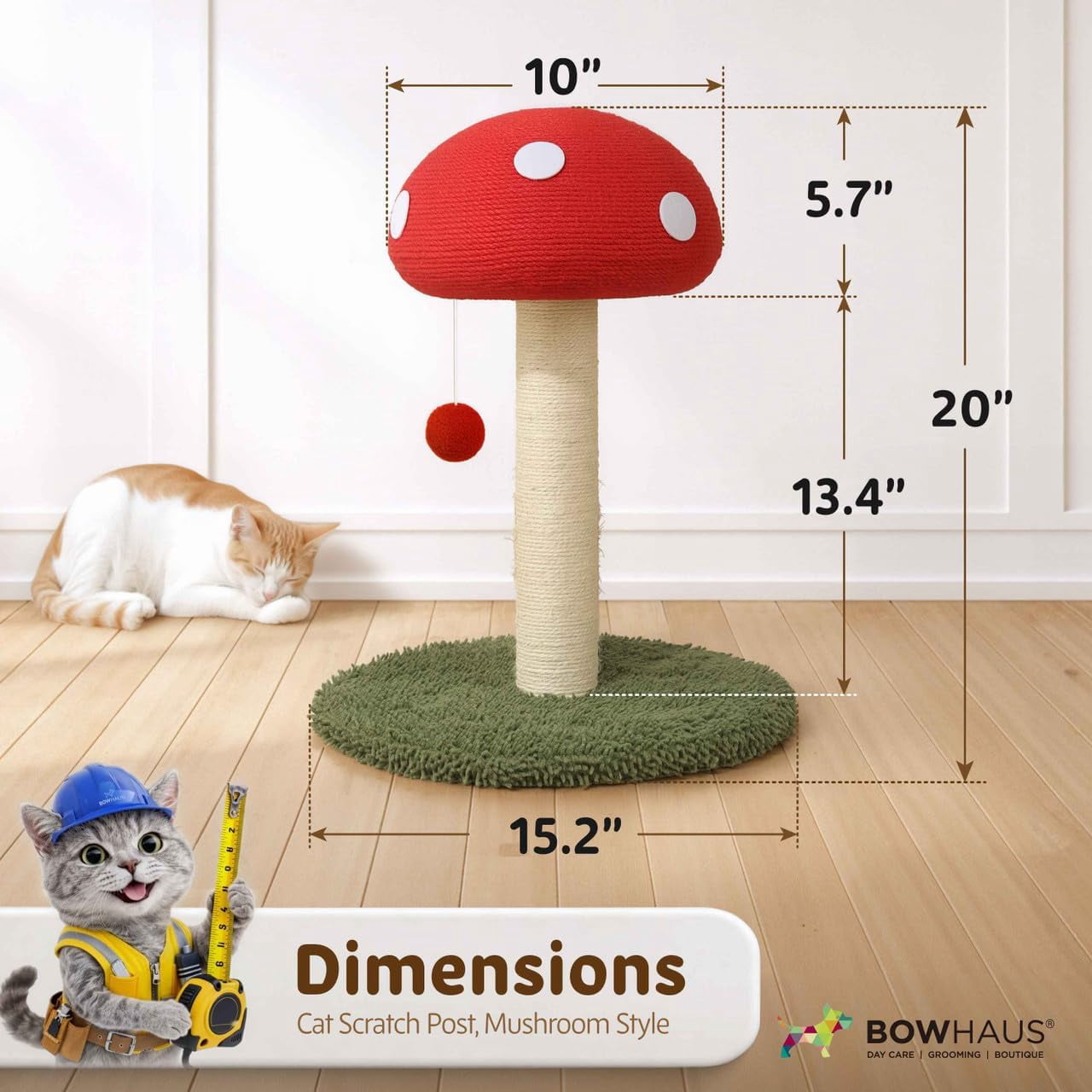 CAPHAUS Mushroom Cat Scratching Post, Mushroom Cat Scratcher with Sisal Rope and Interactive Hanging Ball, 20 Inch Scratching Post for Indoor Cats and Kittens