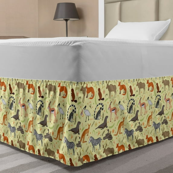 Zoo Bed Skirt, Safari Animals Exotic Zebra Fox Beaver Antelope Lemur Kangaroo Rattlesnake, Elastic Bedskirt Dust Ruffle Wrap Around for Bedding Decor, 4 Sizes, Pale Yellow Multicolor, by Ambesonne